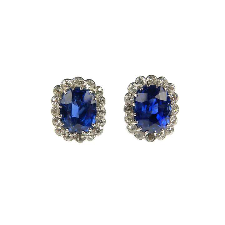 Pair of sapphire and diamond cluster earrings, the cushion cut sapphires of Burma origin